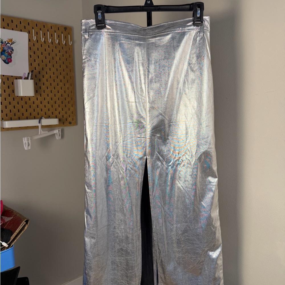 Silver Metallic Midi Skirt with Front Slit